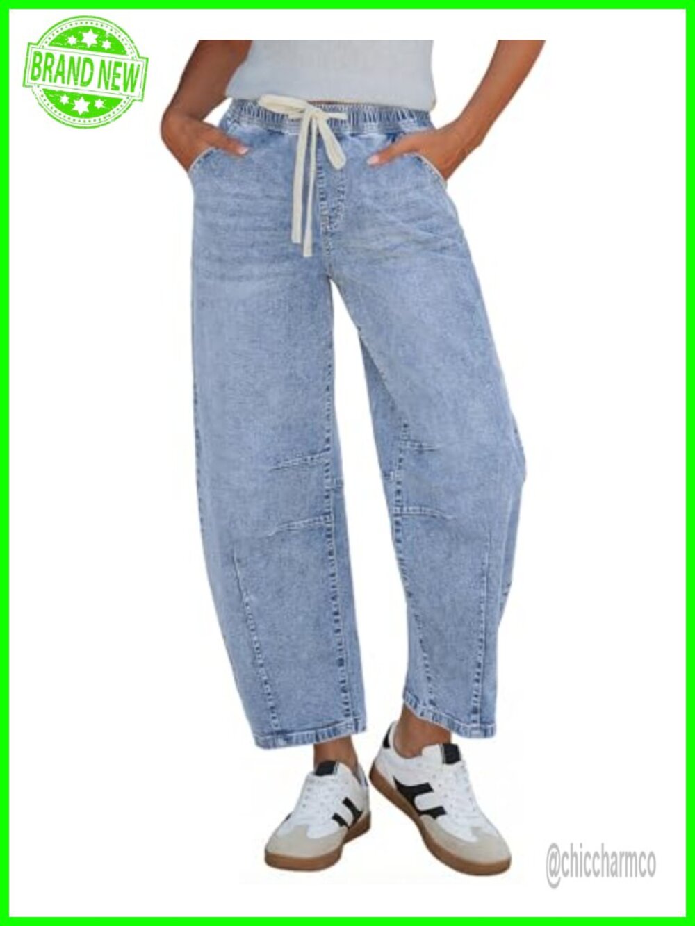 Barrel Jeans for Women High Waisted Cropped Baggy Wide Leg Pull On Elastic